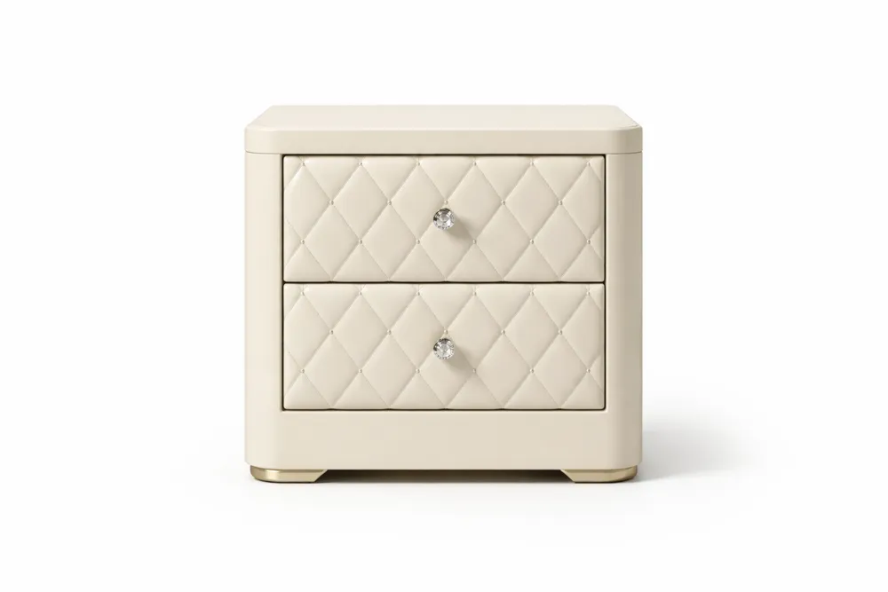 Table de Chevet avec Deux Tiroirs Matelassé en PU Beige Longueur 40 cm x Largeur 40 cm x Hauteur 50 cm