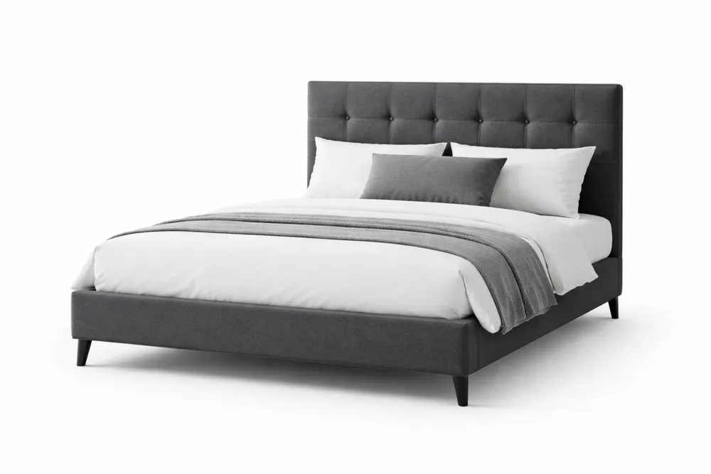 Lit double rembourré bois massif et tissu gris Largeur160cmxLongueur200cm