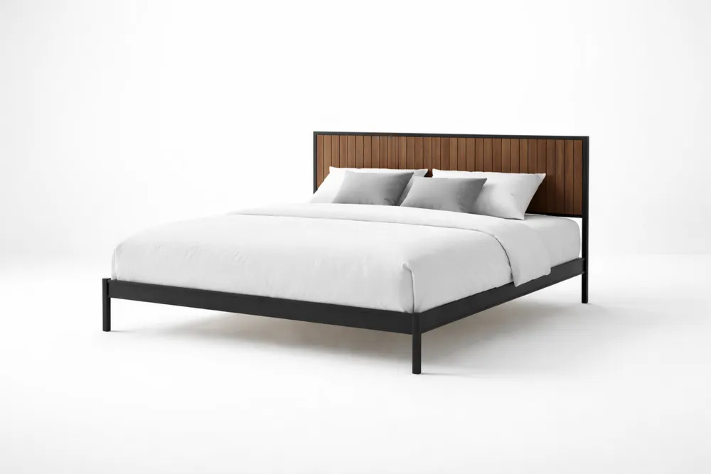 Lit double en acier et chêne noir brun Largeur160cmxLongueur200cm