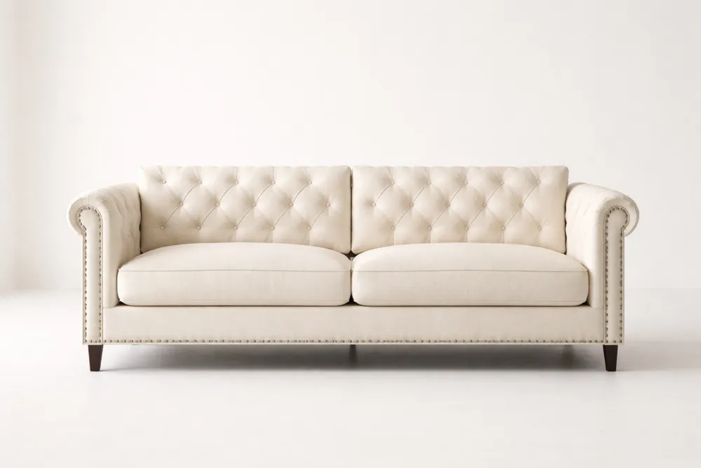 Canapé Chesterfield Tissu Lin Beige avec Dossier Matelassé