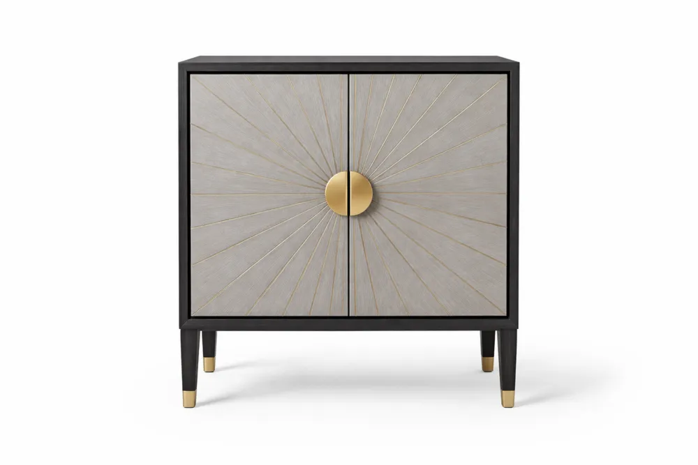 Buffet Portes Soleil Bois Chêne/Acier Or Longueur60cmxProfondeur40cmxHauteur80cm