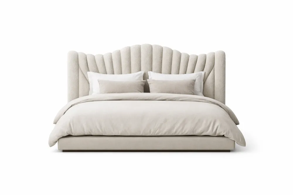 Lit double en tissu beige Largeur160cmxLongueur200cm avec tête de lit haute