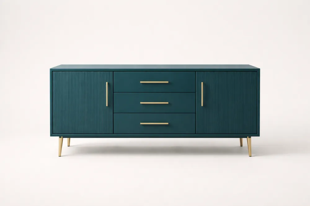 Buffet en MDF bleu avec pieds en acier inoxydable doré