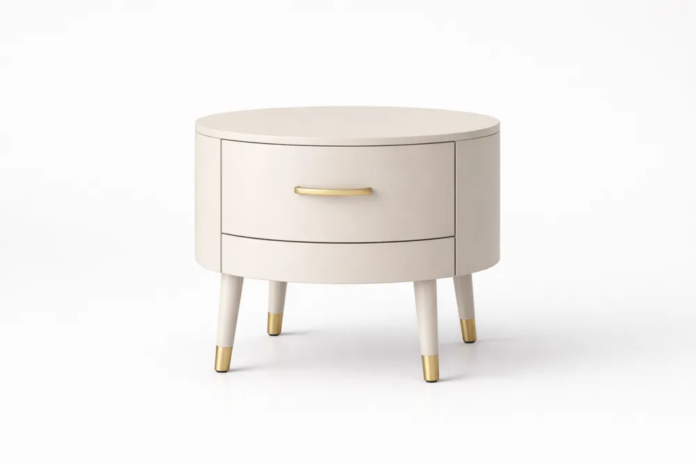 Table de chevet ronde en MDF blanc et doré avec tiroir