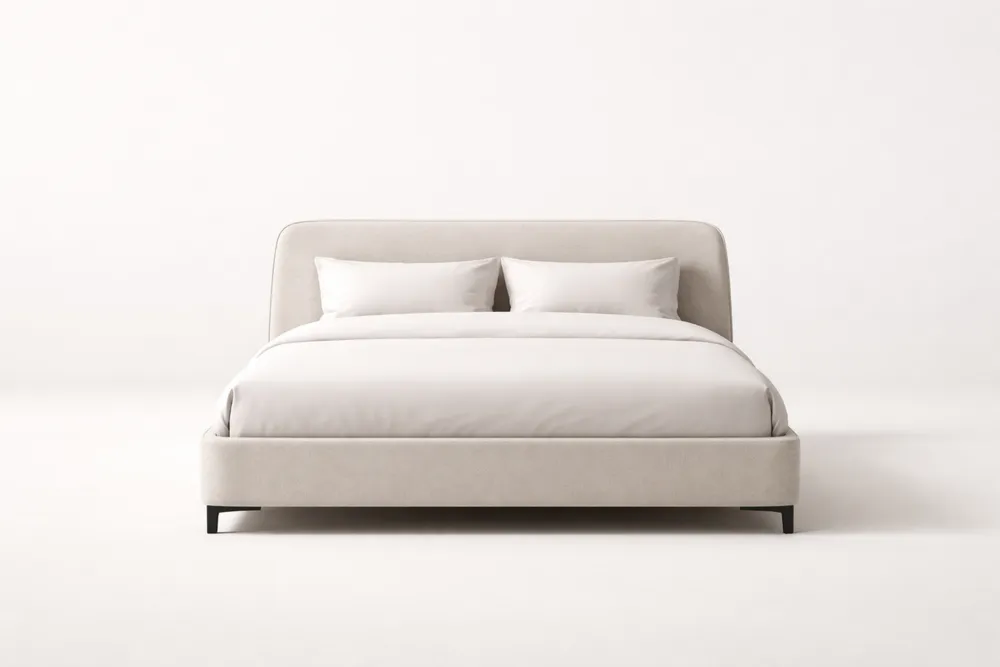 Lit double en bois massif et tissu polyester beige Longueur200cmxLargeur160cm