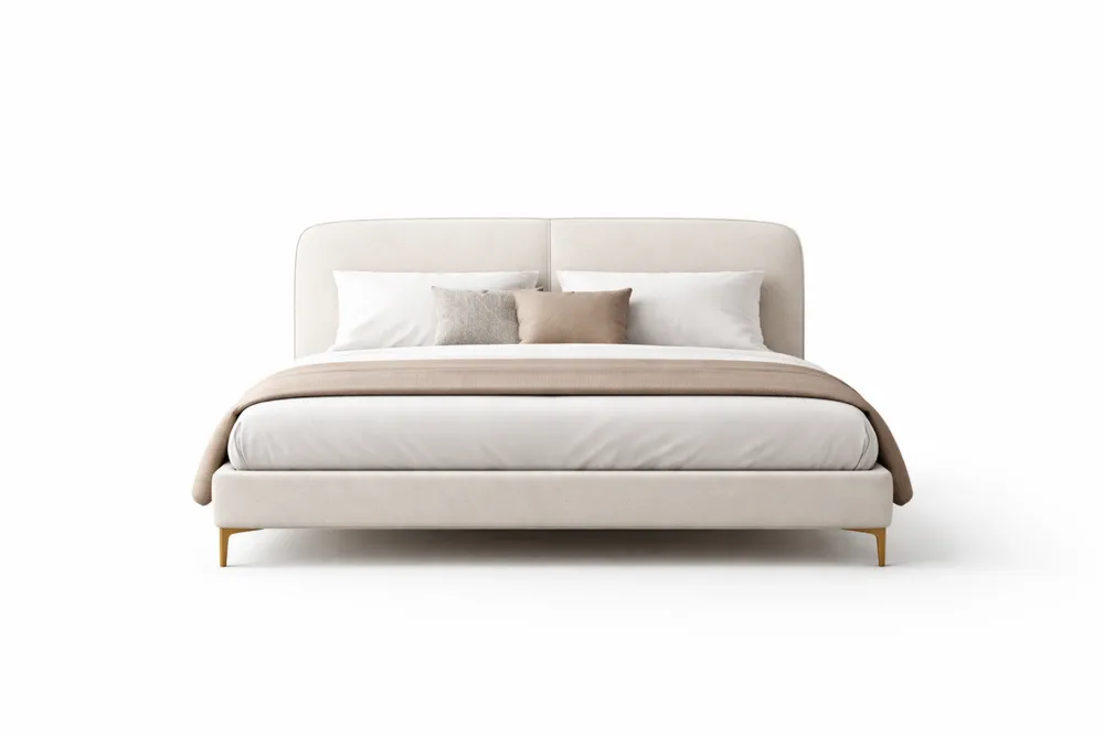 Lit double en tissu avec oreillers et matelas