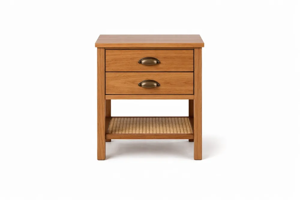 Table de chevet en bois massif et rotin