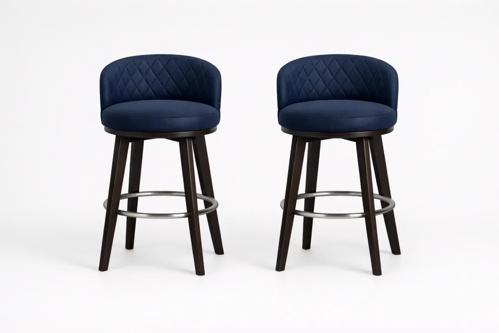 Tabourets de Bar en Velours Bleu et Bois Massif Sombre - Lot de 2
