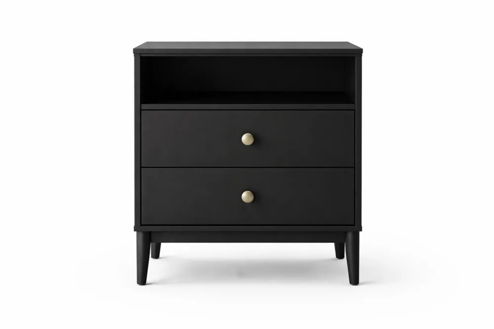 Table de chevet en bois MDF noir avec deux tiroirs et étagère
