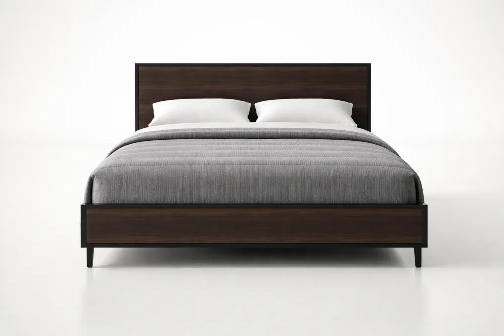 Lit double en bois massif et acier Noir/Marron avec tissu en polyester Longueur200cmxLargeur160cm