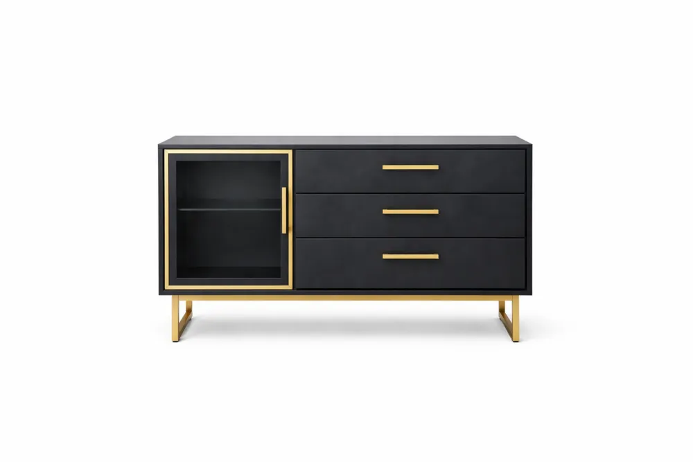 Buffet noir et doré avec 3 tiroirs et porte en verre