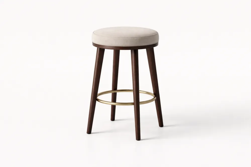 Tabouret de bar en bois massif et acier avec assise en tissu beige