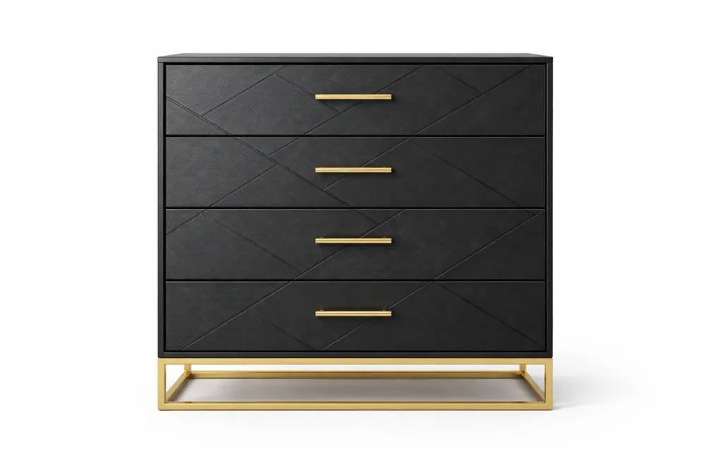 Commode 4 Tiroirs Noir Acier Doré MDF Longueur100cmxLargeur45cmxHauteur120cm