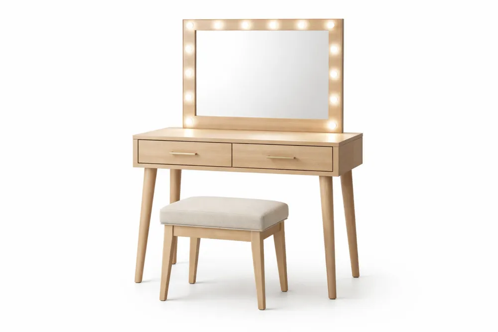Coiffeuse en Bois Massif avec Miroir LED et Tabouret
