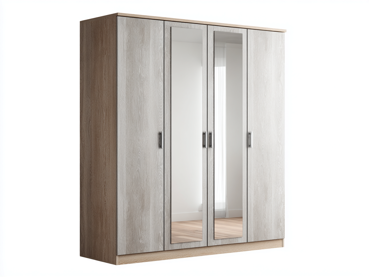 Armoire 4 portes avec miroirs panneaux bois 180x55x200 cm - blanc et bois naturel - rangement chambre style moderne-Loftgethub