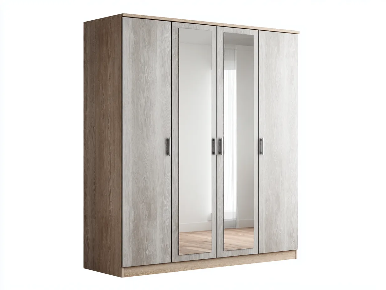 Armoire 4 portes avec miroirs panneaux bois 180x55x200 cm - blanc et bois naturel - rangement chambre style moderne-Loftgethub