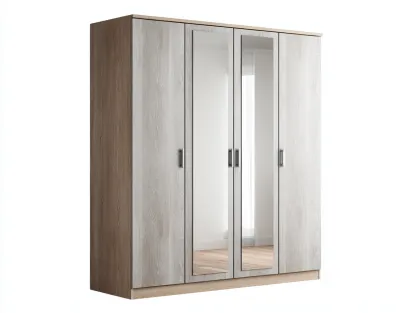 Armoire 4 portes avec miroirs panneaux bois 180x55x200 cm - blanc et bois naturel - rangement chambre style moderne-Loftgethub