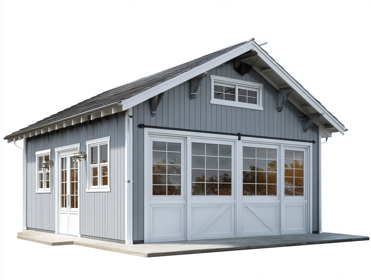 Abri de jardin bois avec portes vitrées 400x300x320 cm - gris clair-blanc - espace extérieur style classique-Loftgethub