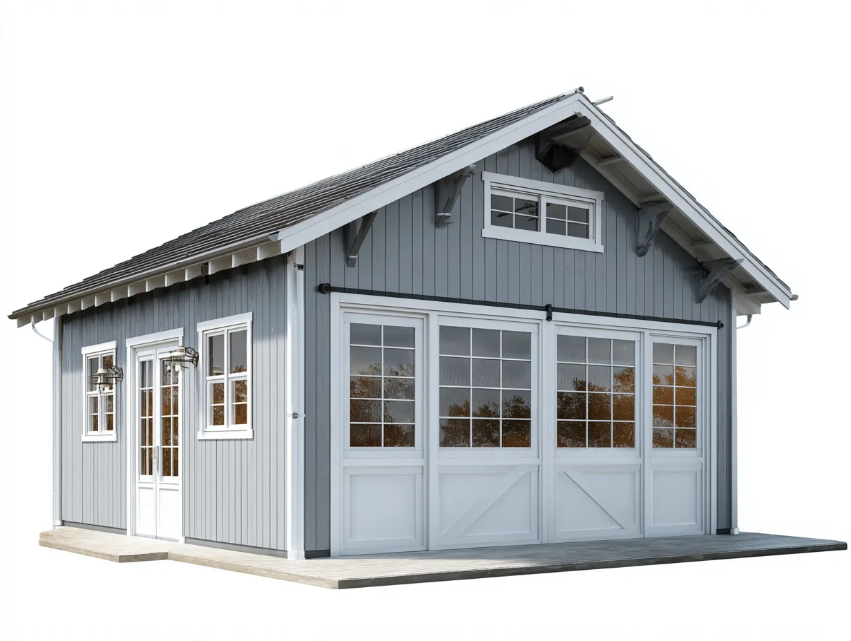 Abri de jardin bois avec portes vitrées 400x300x320 cm - gris clair-blanc - espace extérieur style classique-Loftgethub