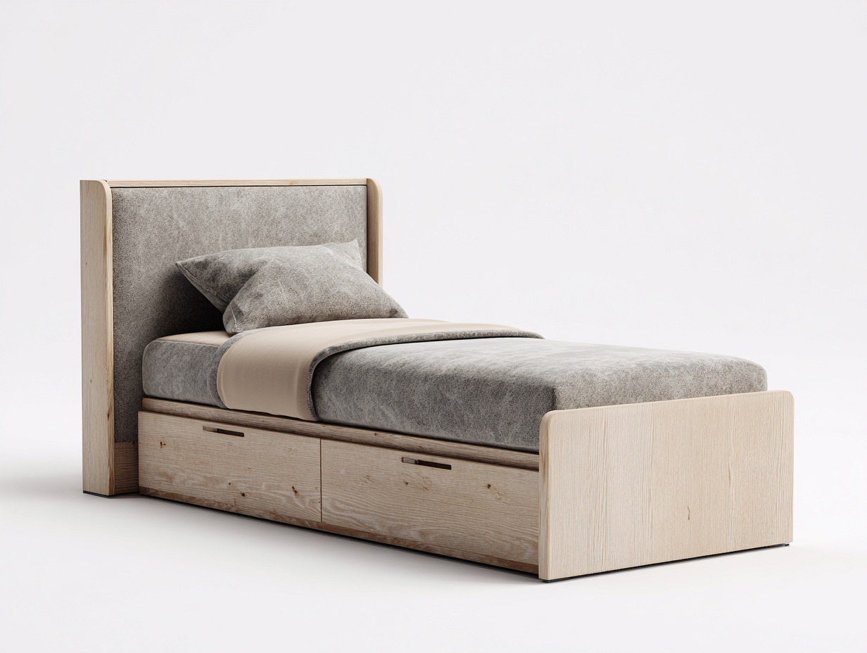 Lit simple avec rangement 200x95x95 cm - bois clair et tissu gris - couchage pour chambre-Loftgethub