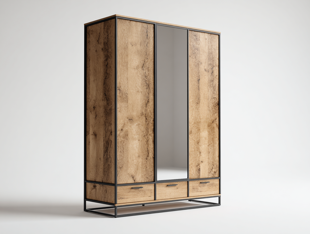 Armoire bois et métal 120x55x200 cm - marron-noir - rangement chambre style industriel-Loftgethub