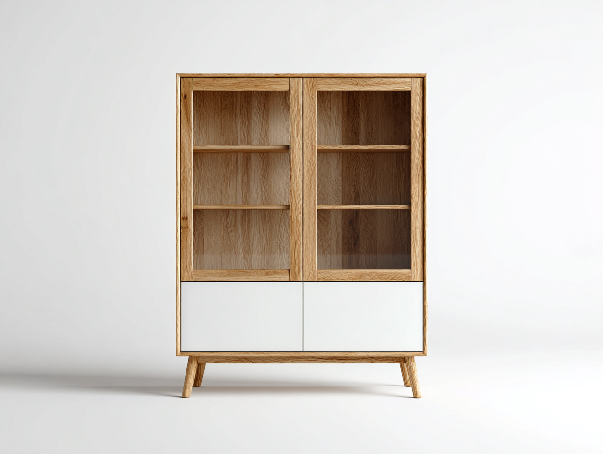 Vetrina in legno con ante in vetro per sala da pranzo 90x40x140 cm - bianco - rovere - design scandinavo-Craftgobay