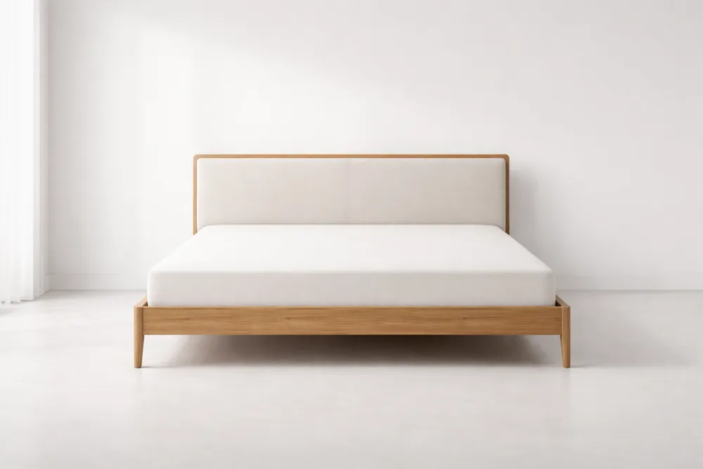 Lit double en bois avec tête de lit en tissu crème 160x200×90 cm