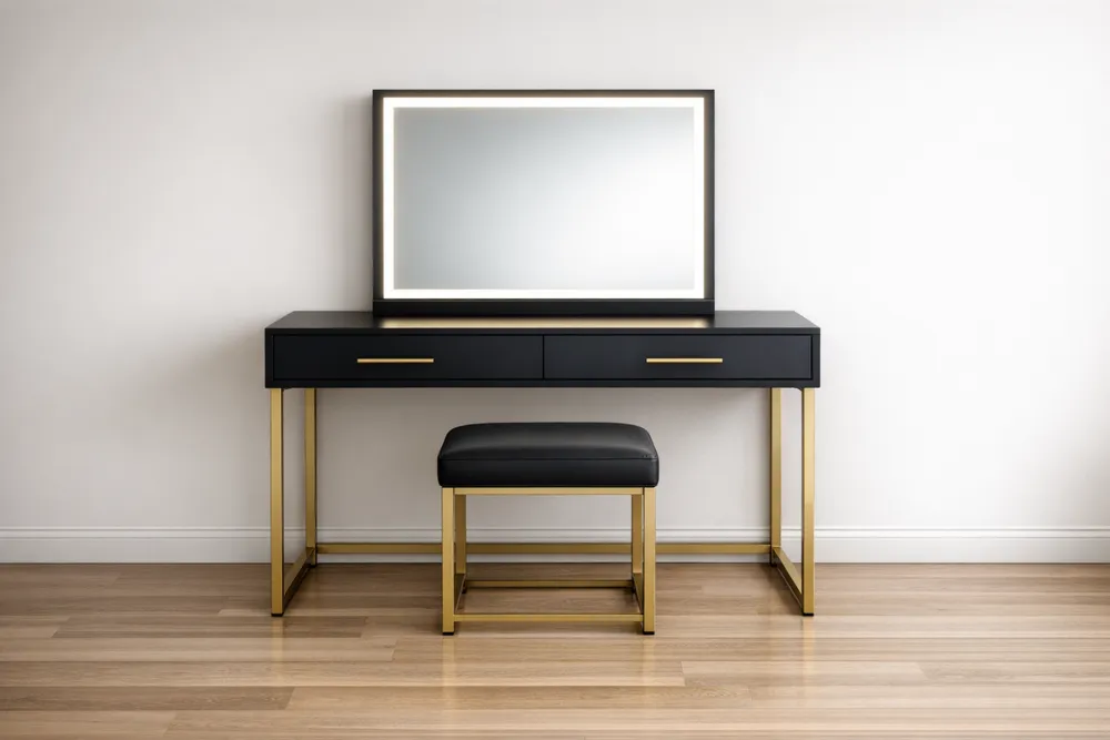 Coiffeuse en métal avec tabouret et miroir LED intégrés Noir et Or