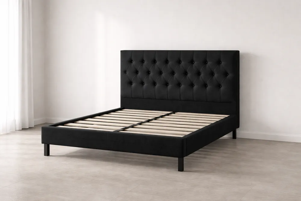 Lit double en métal avec tête de lit en simili cuir Noir