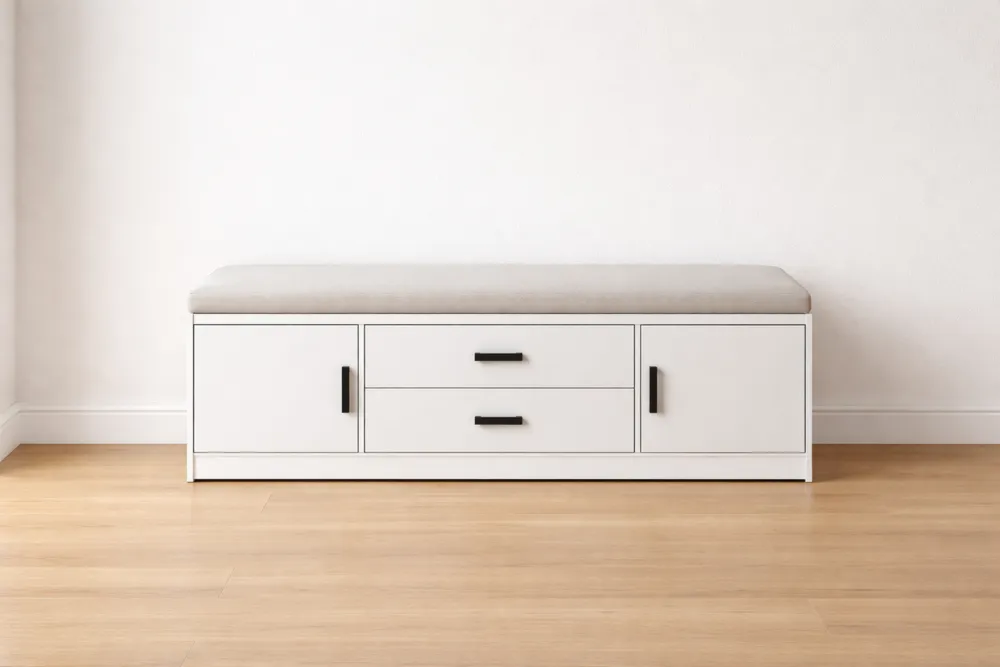 Banc de rangement en bois avec coussin en tissu polyester