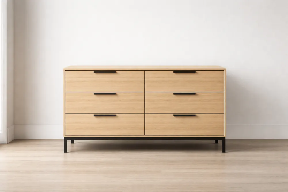 Commode en bois de chêne clair et métal avec 6 tiroirs