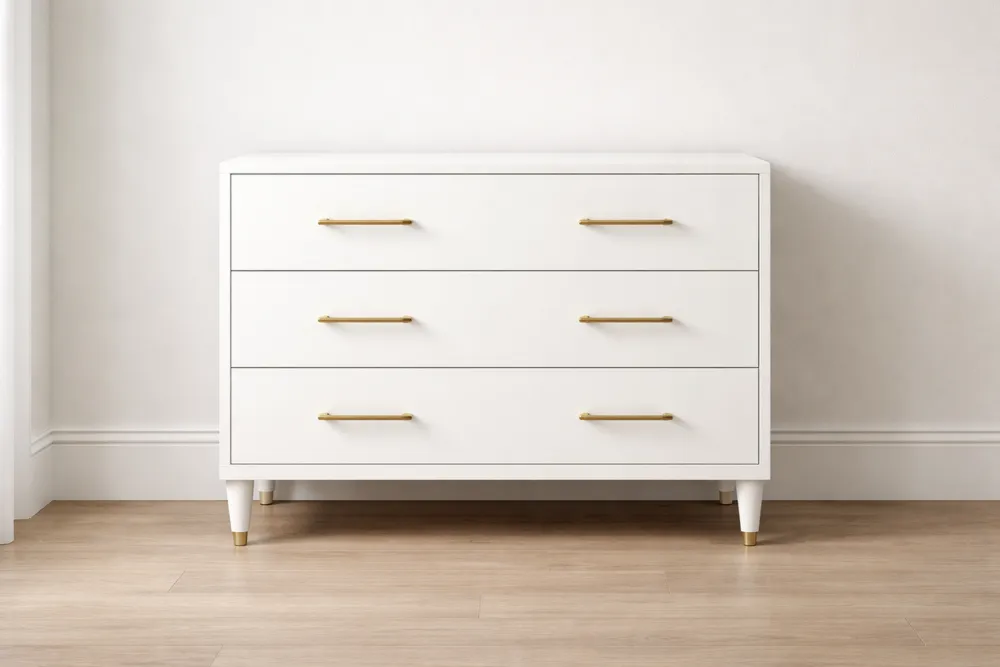 Commode blanche en bois MDF avec poignées dorées