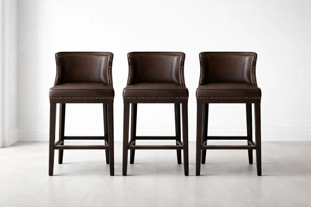 Ensemble de 3 Tabourets en Cuir Marron avec Pieds en Bois