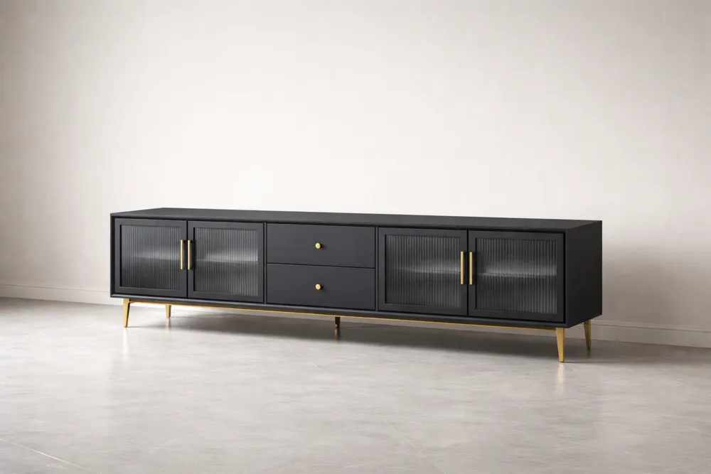 Meuble TV Noir en Bois avec Verre Cannelé et Pieds en Métal