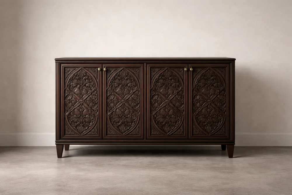 Buffet en Bois Massif Sculpté 4 Portes Brun Foncé