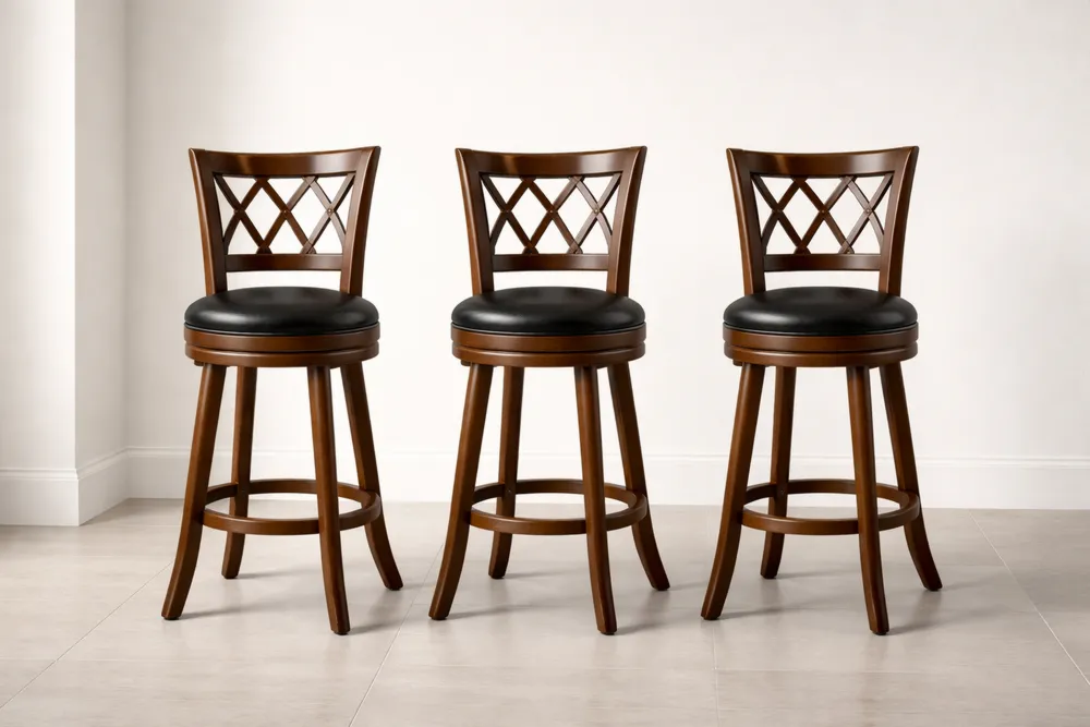 Tabourets de bar en bois avec coussin en cuir noir - Ensemble de 3
