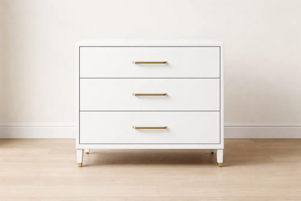 Commode en bois MDF blanc avec 3 tiroirs et poignées dorées