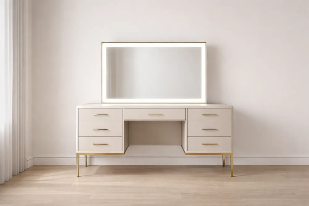 Coiffeuse avec miroir LED et 7 tiroirs en MDF et métal blanc