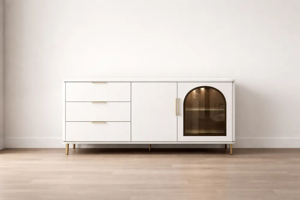 Buffet en bois MDF blanc et or avec verre trempé