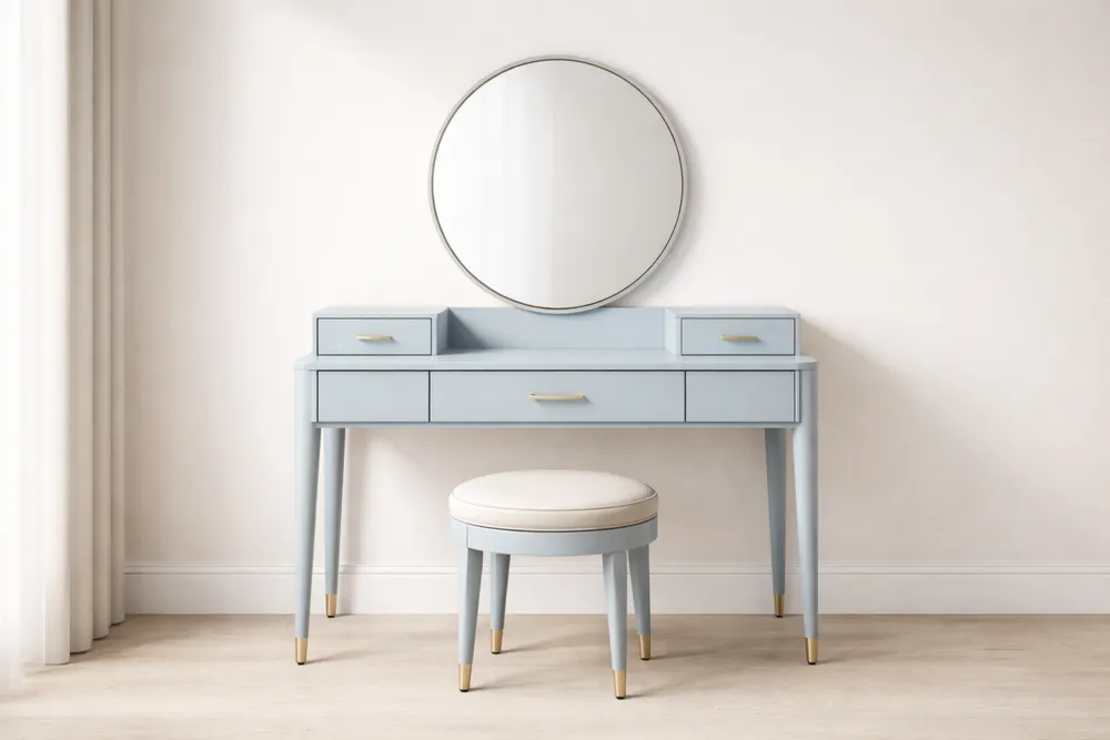 Coiffeuse en Bois et Acier Bleu Clair avec Miroir et Tabouret