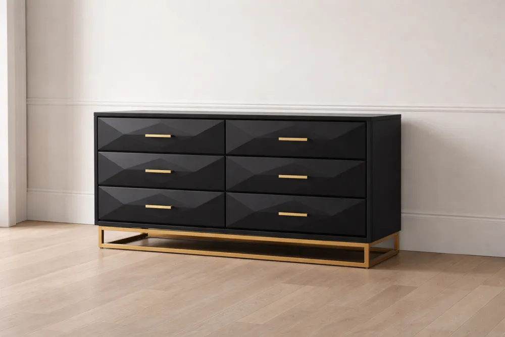 Commode en bois noir avec pieds en métal doré 6 tiroirs