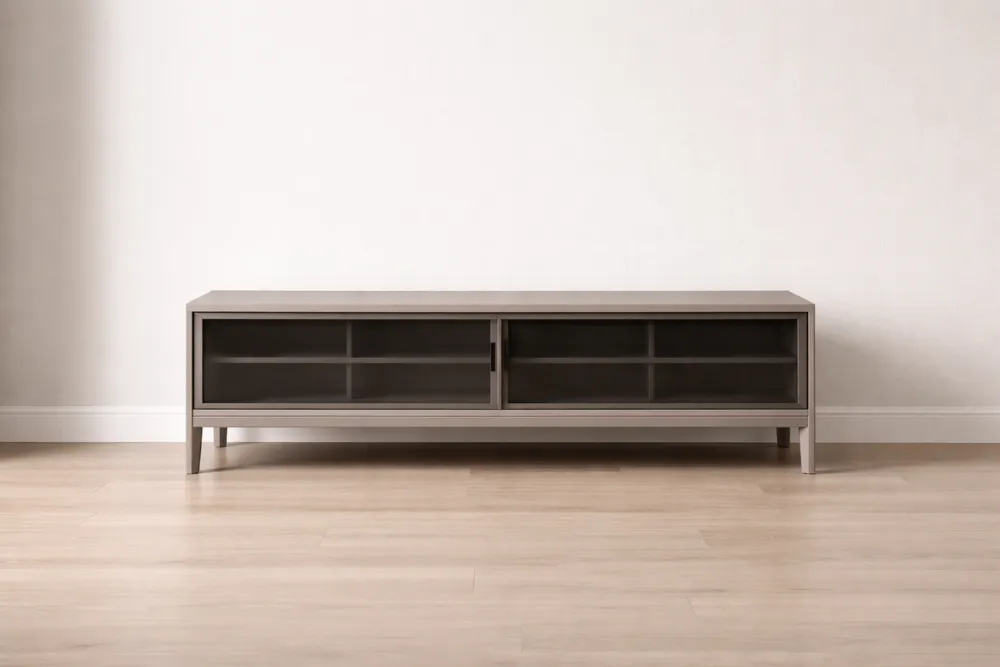 Meuble TV en bois avec portes coulissantes en verre trempé Gris