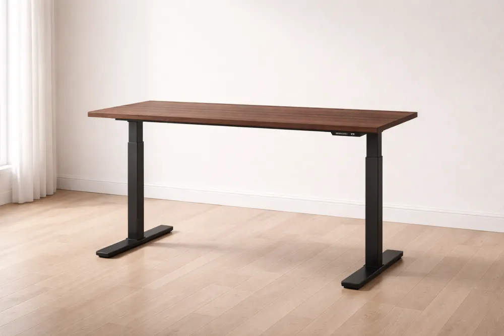 Bureau Réglable en Hauteur avec Plateau en Noyer et Piètement Métal Noir