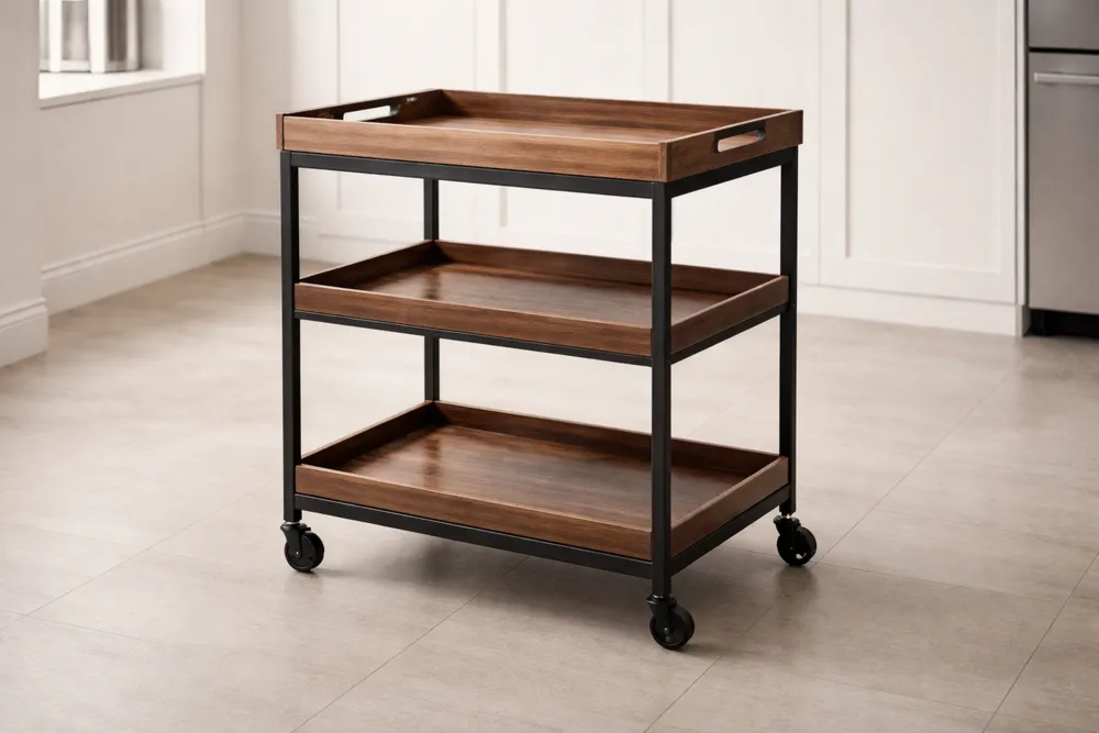 Chariot de bar en bois et acier noir à trois niveaux