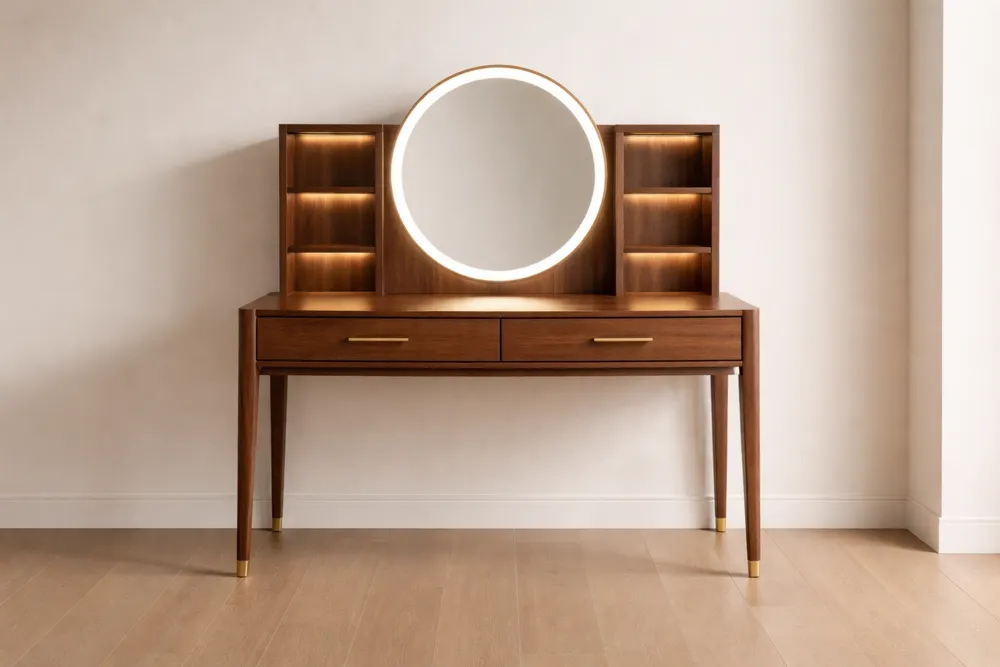 Coiffeuse en Bois avec Miroir Rond LED et Étagères