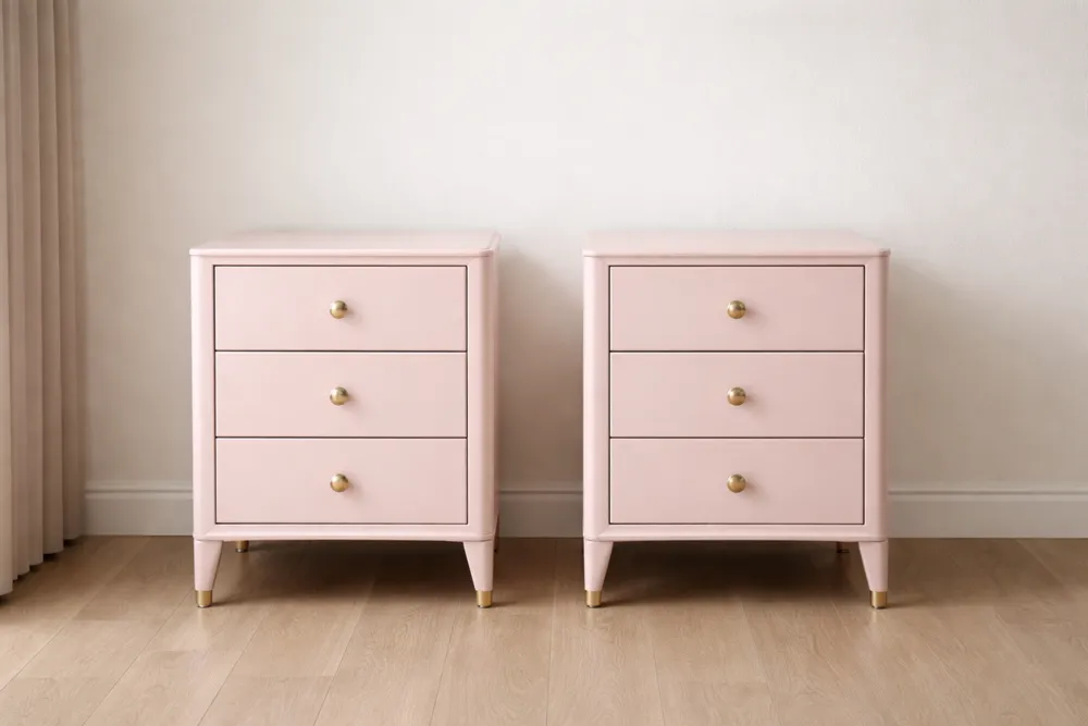 Tables de chevet en bois avec trois tiroirs, lot de 2, Rose
