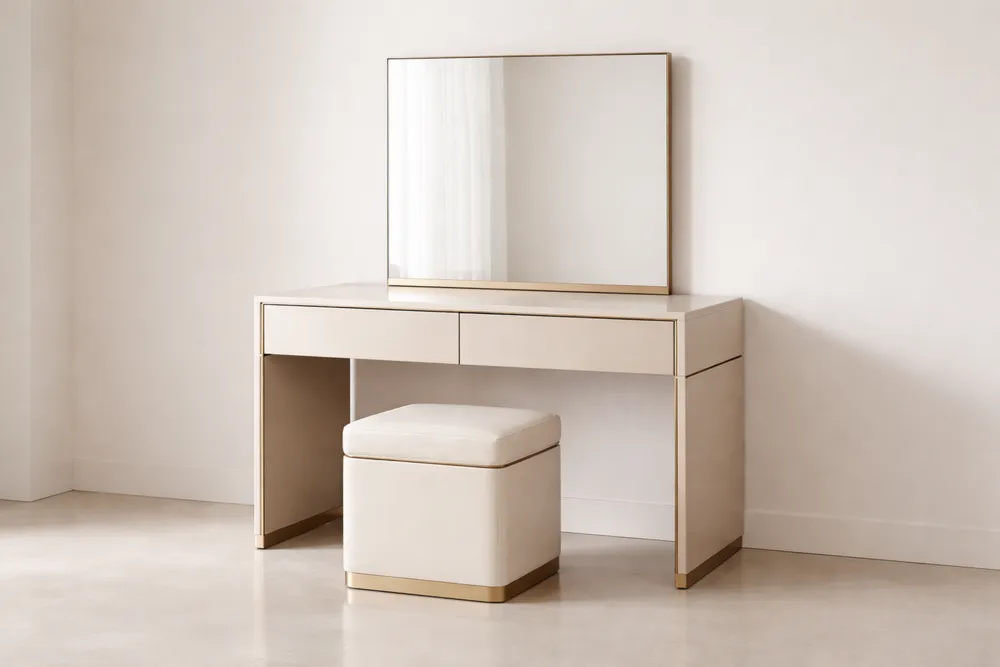 Coiffeuse en Bois MDF avec Miroir et Pouf Beige