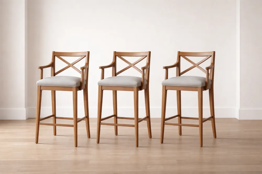 Lot de 3 chaises de bar en bois de chêne avec coussins en polyester