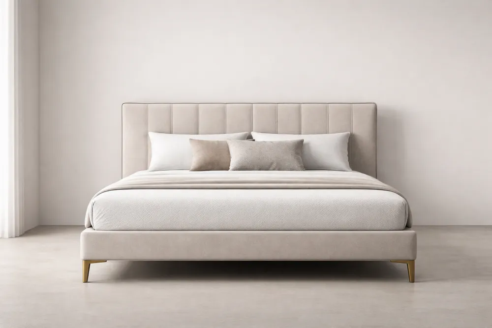 Lit Double Tissu Beige Pieds Métal avec Oreillers