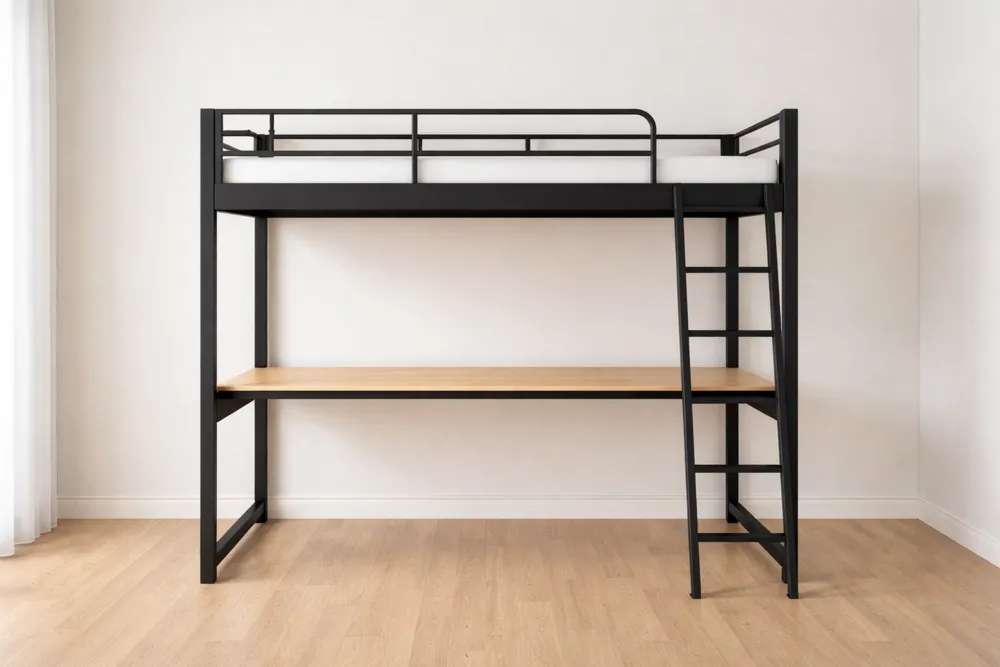 Lit mezzanine en métal noir avec bureau en bois 205 cm x 96 cm x 180 cm